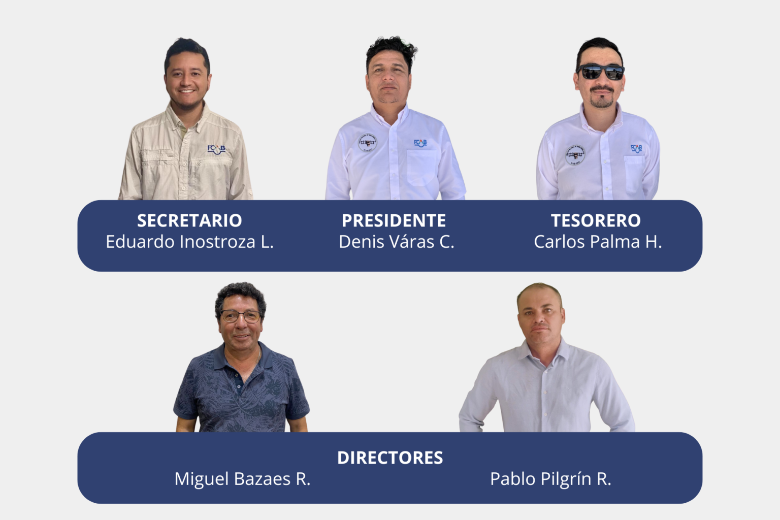 Directiva del Sindicato Nacional de Trabajadores FCAB, período 2026-2029: Eduardo Inostroza L., secretario; Denis Váras C., presidente; Carlos Palma H., tesorero; y los directores Miguel Bazaes R. y Pablo Pilgrín R.