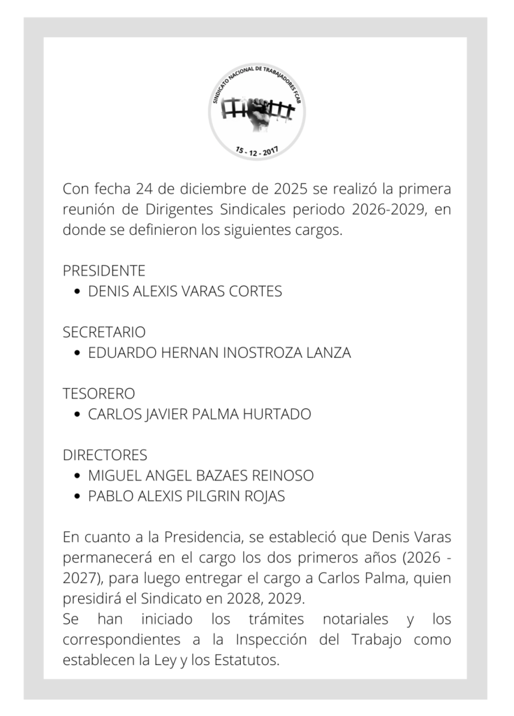 Nuevos cargos Dirigencia Sindical 2026-2029